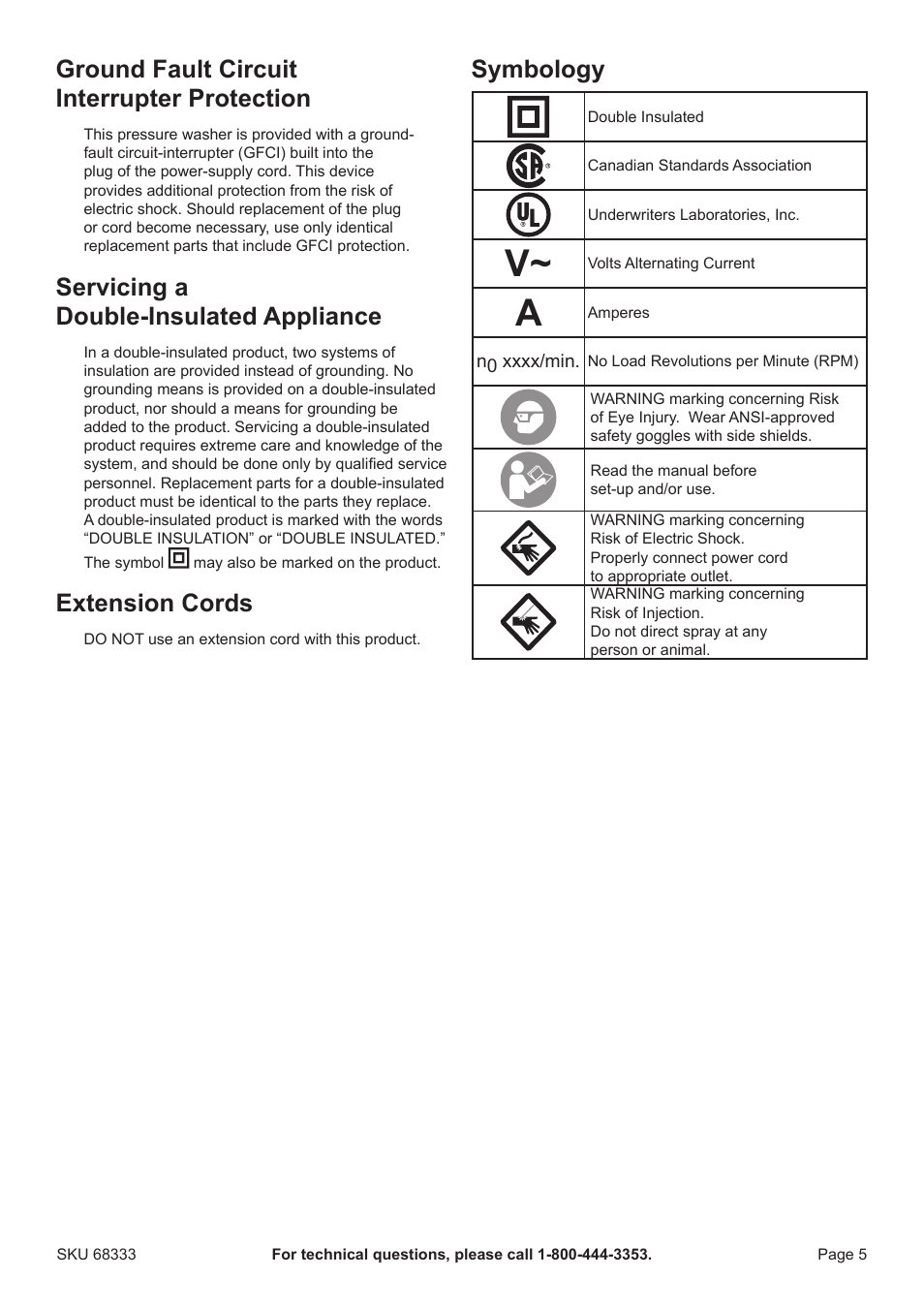 Ground fault circuit interrupter protection, Servicing a double-insulated appliance, Extension cords | Symbology | Harbor Freight Tools Pacifichydrostar 68333 User Manual | Page 5 / 16