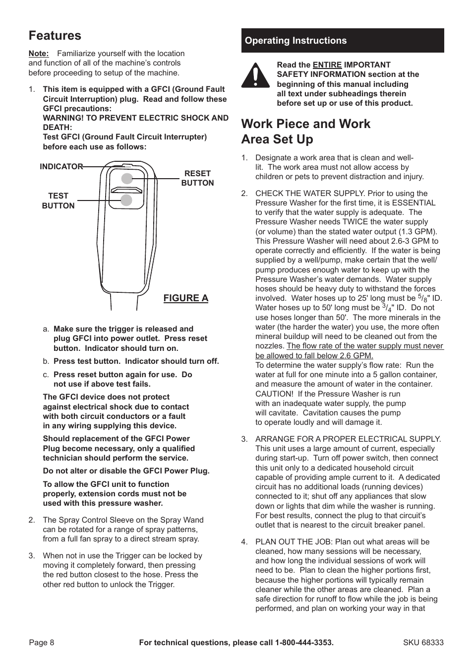 Features, Work piece and work area set up | Harbor Freight Tools Pacifichydrostar 68333 User Manual | Page 8 / 16