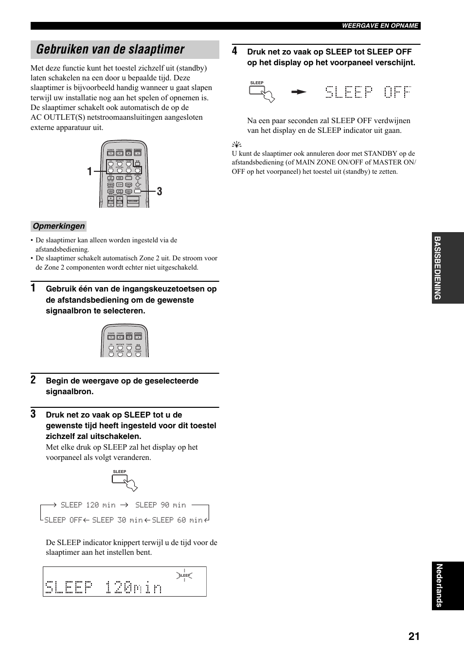 Gebruiken van de slaaptimer, Begin de weergave op de geselecteerde signaalbron, Opmerkingen | Yamaha RX-797 User Manual | Page 199 / 266