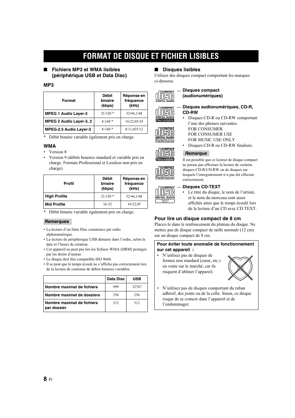 Informations supplémentaires, Format de disque et fichier lisibles, Format de disque et fichier | Lisibles | Yamaha CD-S300 User Manual | Page 24 / 108