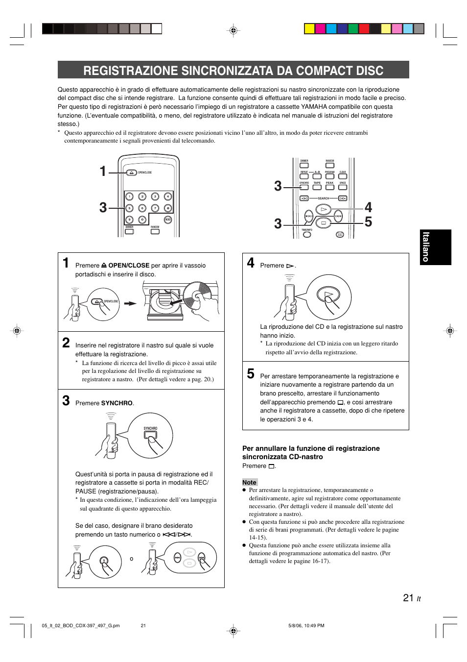 Registrazione sincronizzata da compact disc, Italiano | Yamaha CDX-497 User Manual | Page 123 / 228