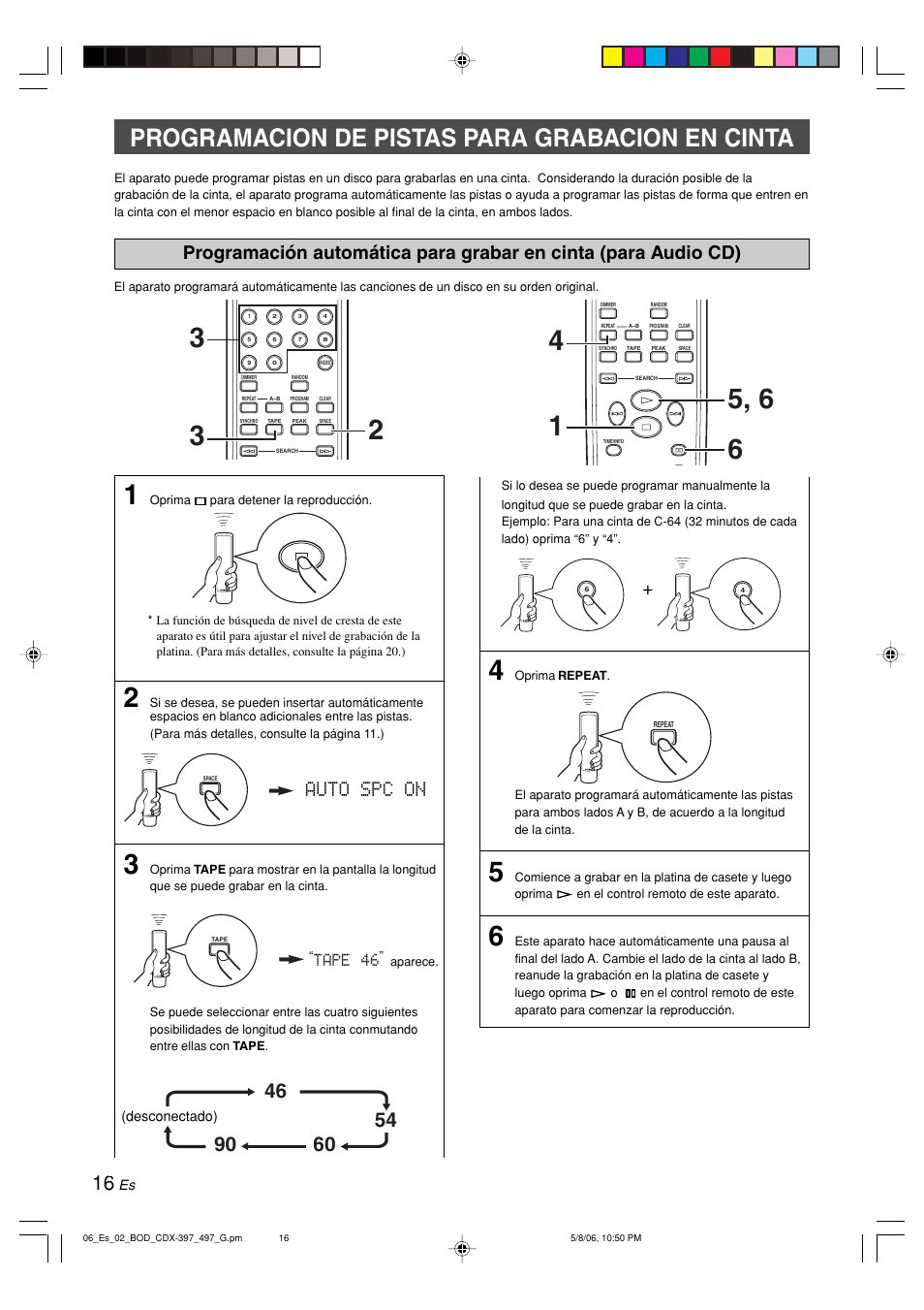 Programacion de pistas para grabacion en cinta, Tape | Yamaha CDX-497 User Manual | Page 143 / 228