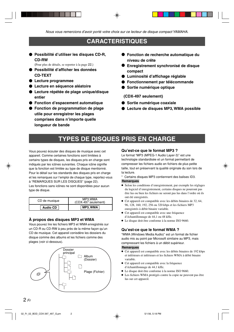 Caracteristiques, Types de disques pris en charge | Yamaha CDX-497 User Manual | Page 29 / 228