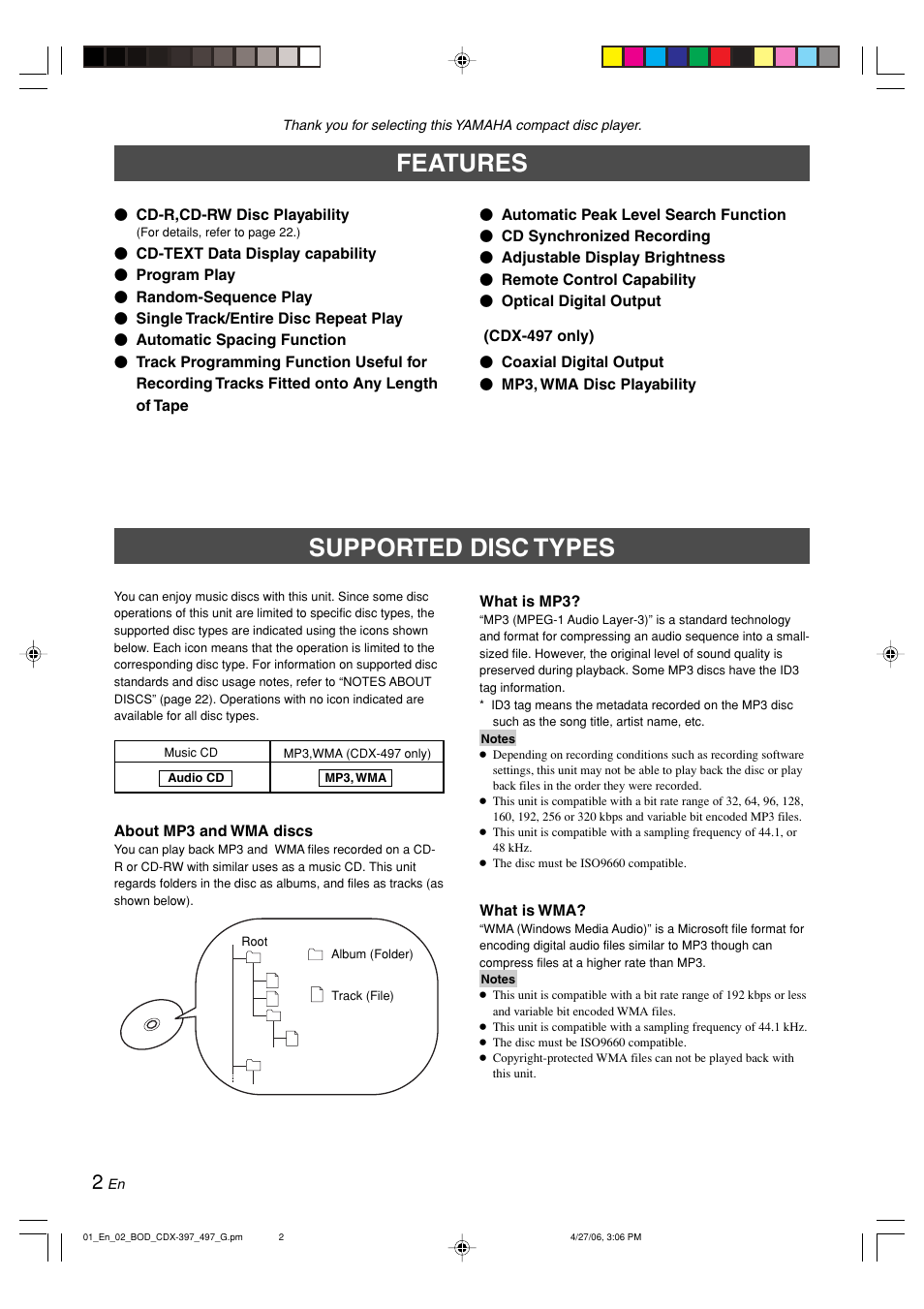 Features, Supported disc types | Yamaha CDX-497 User Manual | Page 4 / 228