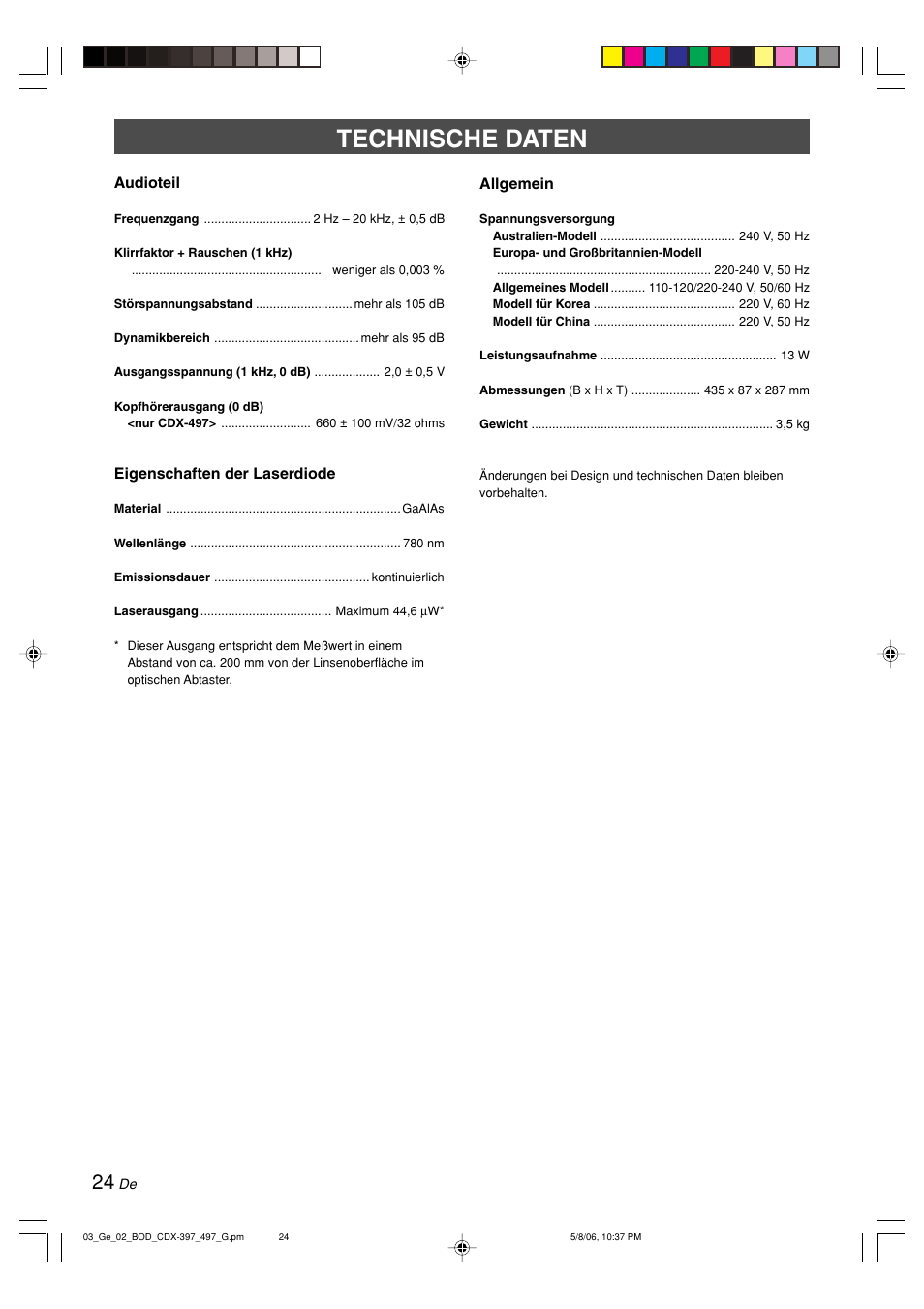 Technische daten | Yamaha CDX-497 User Manual | Page 76 / 228