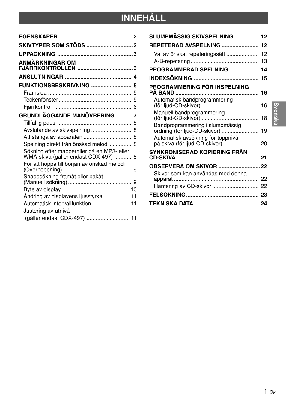 Innehåll | Yamaha CDX-497 User Manual | Page 78 / 228