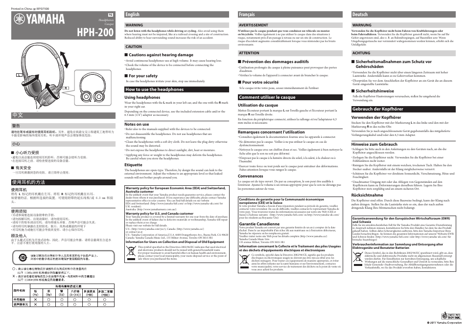 Yamaha HPH-200 User Manual | 2 pages