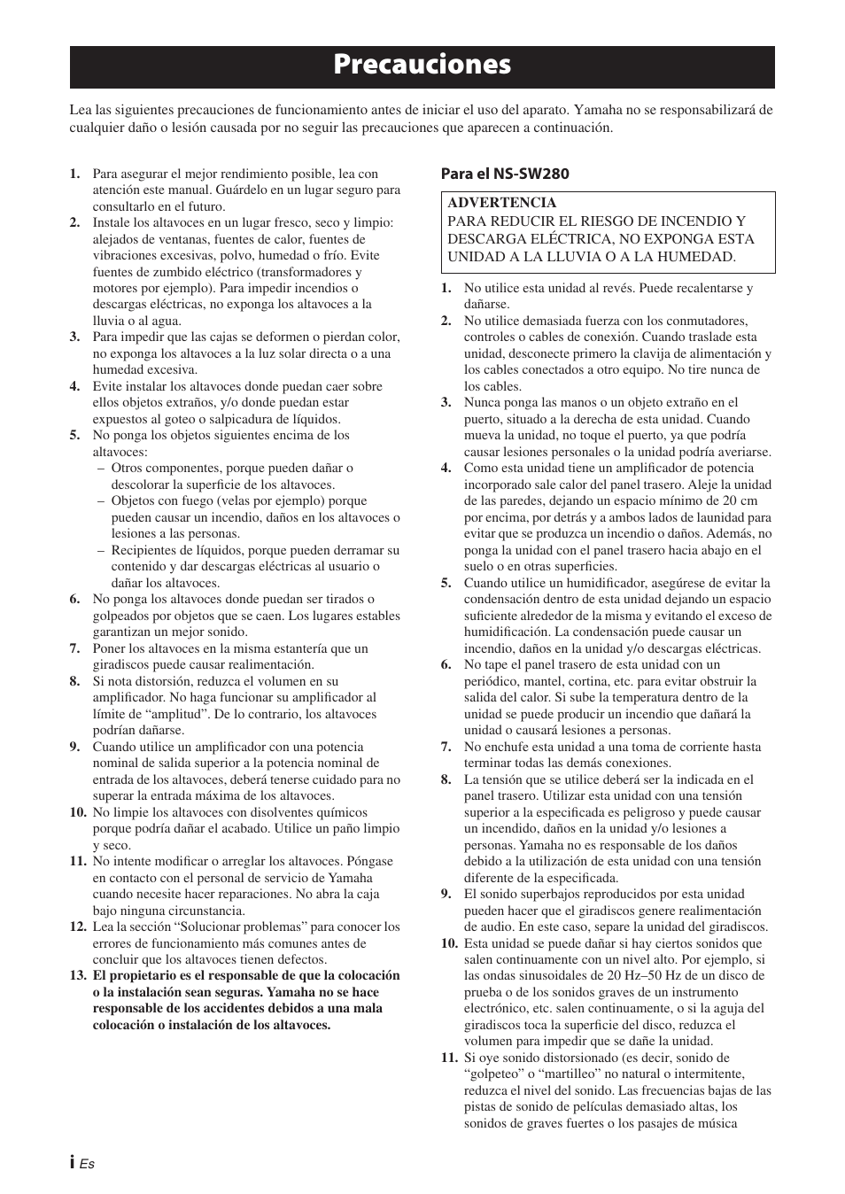 Español, Precauciones | Yamaha NS-P280 User Manual | Page 42 / 68