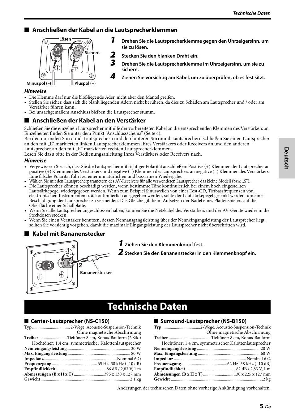 Technische daten, Anschließen der kabel an die lautsprecherklemmen, Anschließen der kabel an den verstärker | Kabel mit bananenstecker | Yamaha NS-PA150 User Manual | Page 19 / 36