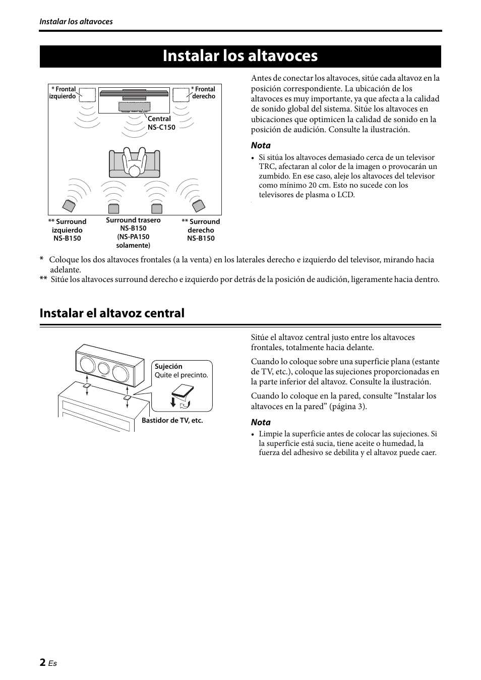 Instalar los altavoces, Instalar el altavoz central | Yamaha NS-PA150 User Manual | Page 22 / 36