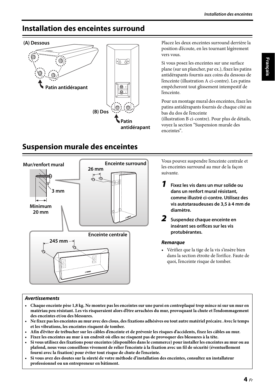 Installation des enceintes surround, Suspension murale des enceintes | Yamaha NS-PA120 User Manual | Page 11 / 40