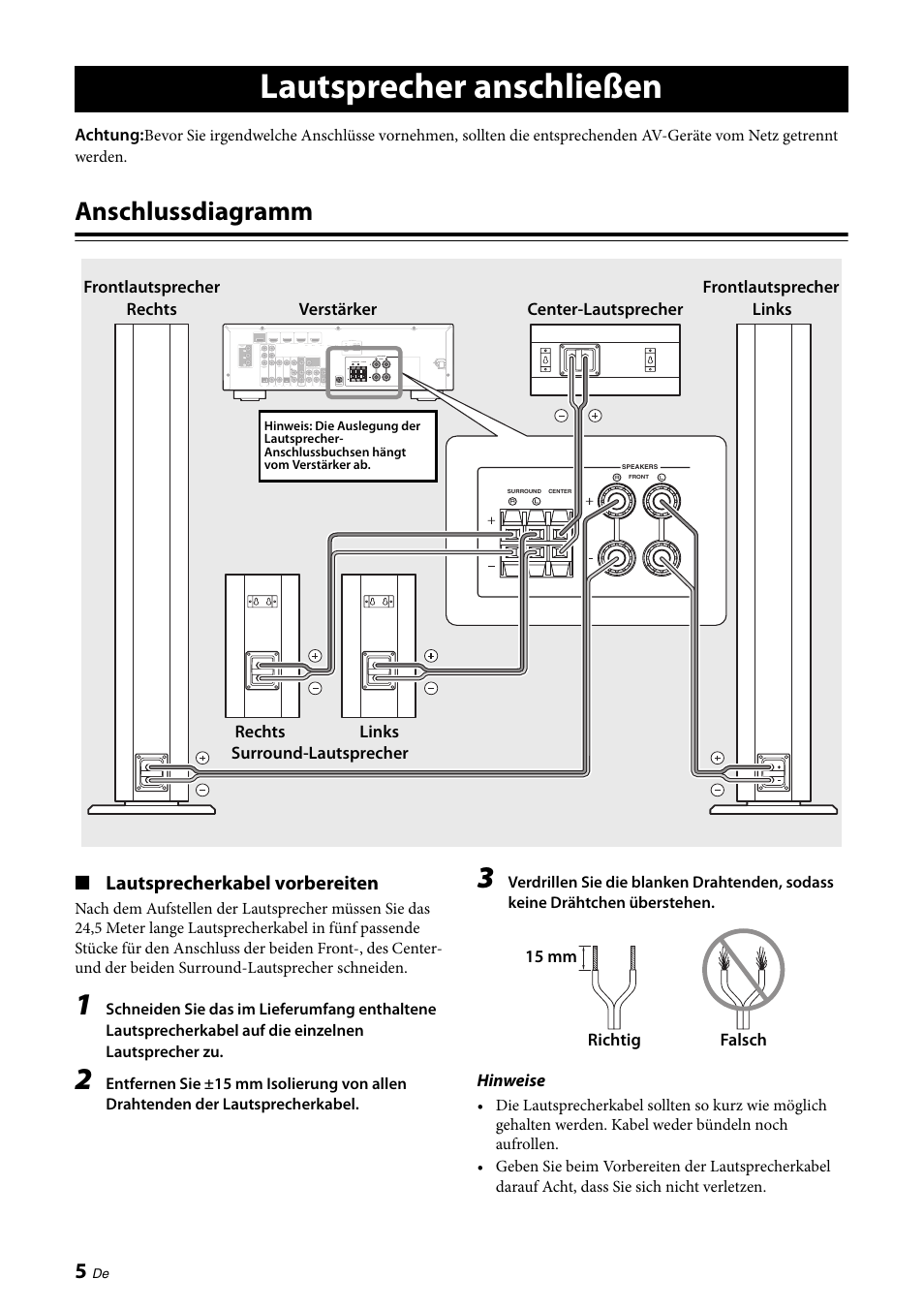 Lautsprecher anschließen, Anschlussdiagramm, Lautsprecherkabel vorbereiten | Yamaha NS-PA120 User Manual | Page 18 / 40