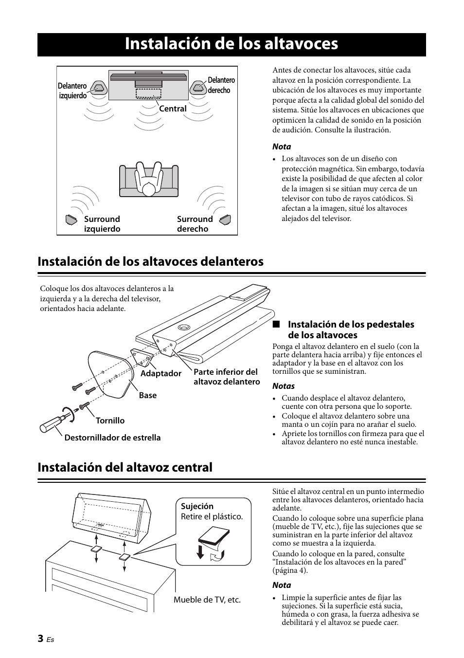 Instalación de los altavoces, Instalación de los altavoces delanteros, Instalación del altavoz central | Yamaha NS-PA120 User Manual | Page 22 / 40