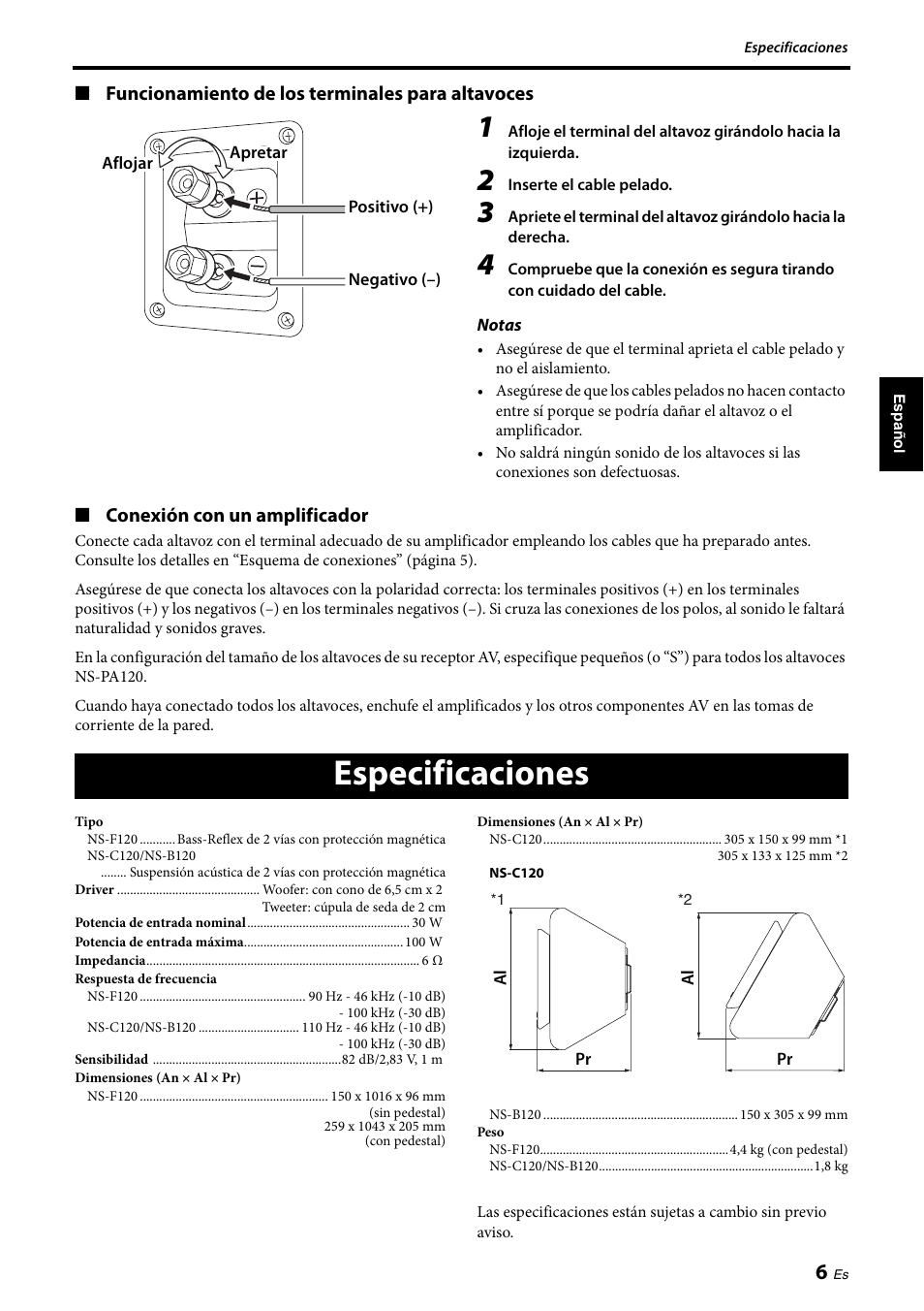 Especificaciones | Yamaha NS-PA120 User Manual | Page 25 / 40