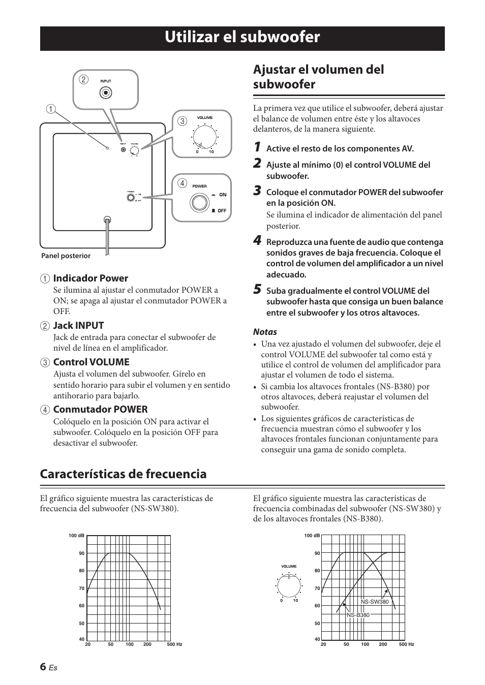 Utilizar el subwoofer, Ajustar el volumen del subwoofer, Características de frecuencia | 1 indicador power, 2 jack input, 3 control volume, 4 conmutador power | Yamaha NS-P380 User Manual | Page 60 / 84