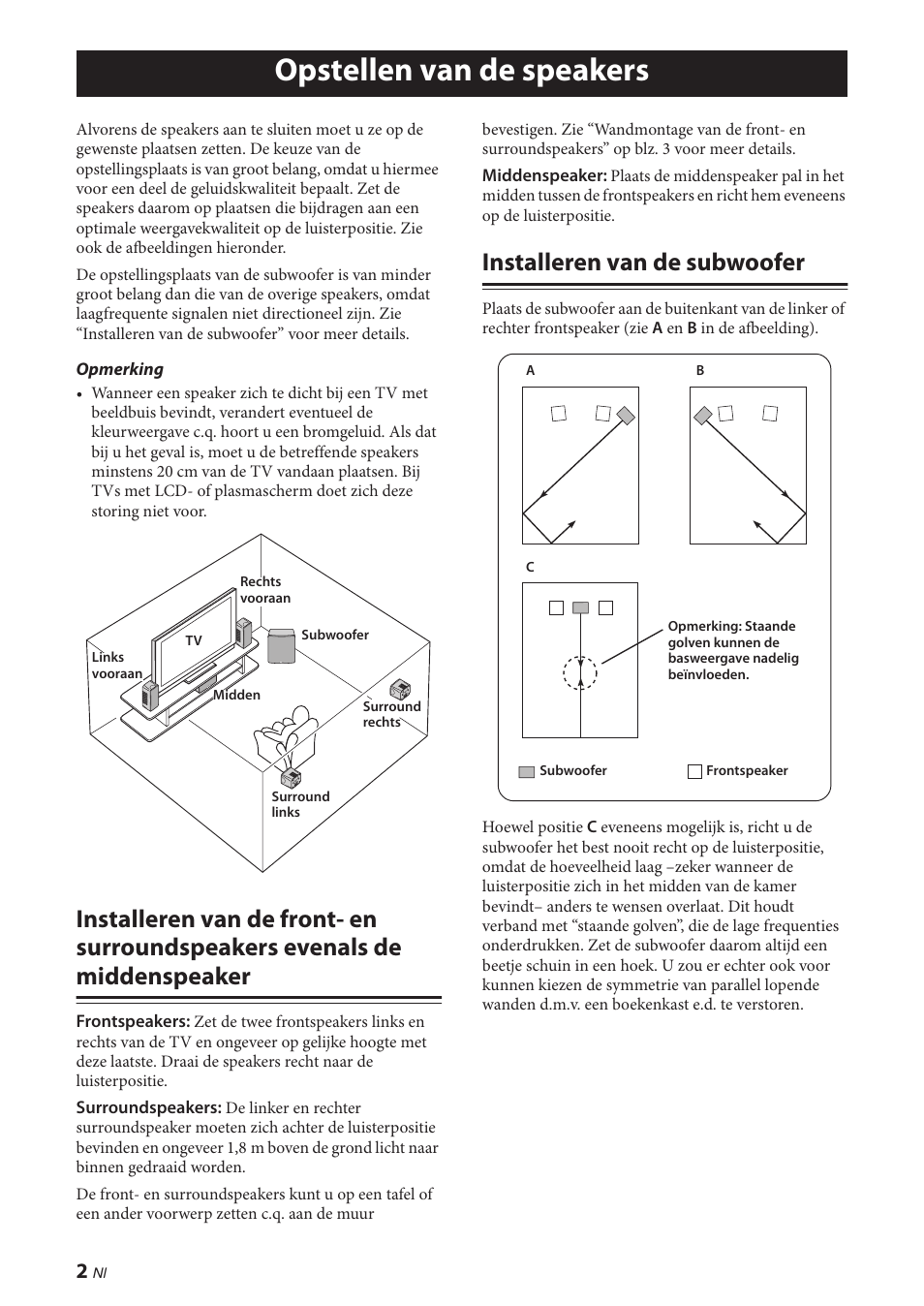 Opstellen van de speakers, Installeren van de subwoofer, Installeren van de front- en surroundspeakers | Evenals de middenspeaker | Yamaha NS-P380 User Manual | Page 66 / 84