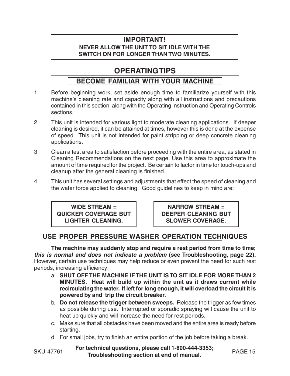 Operating tips, Become familiar with your machine, Use proper pressure washer operation techniques | Harbor Freight Tools 47761 User Manual | Page 15 / 24