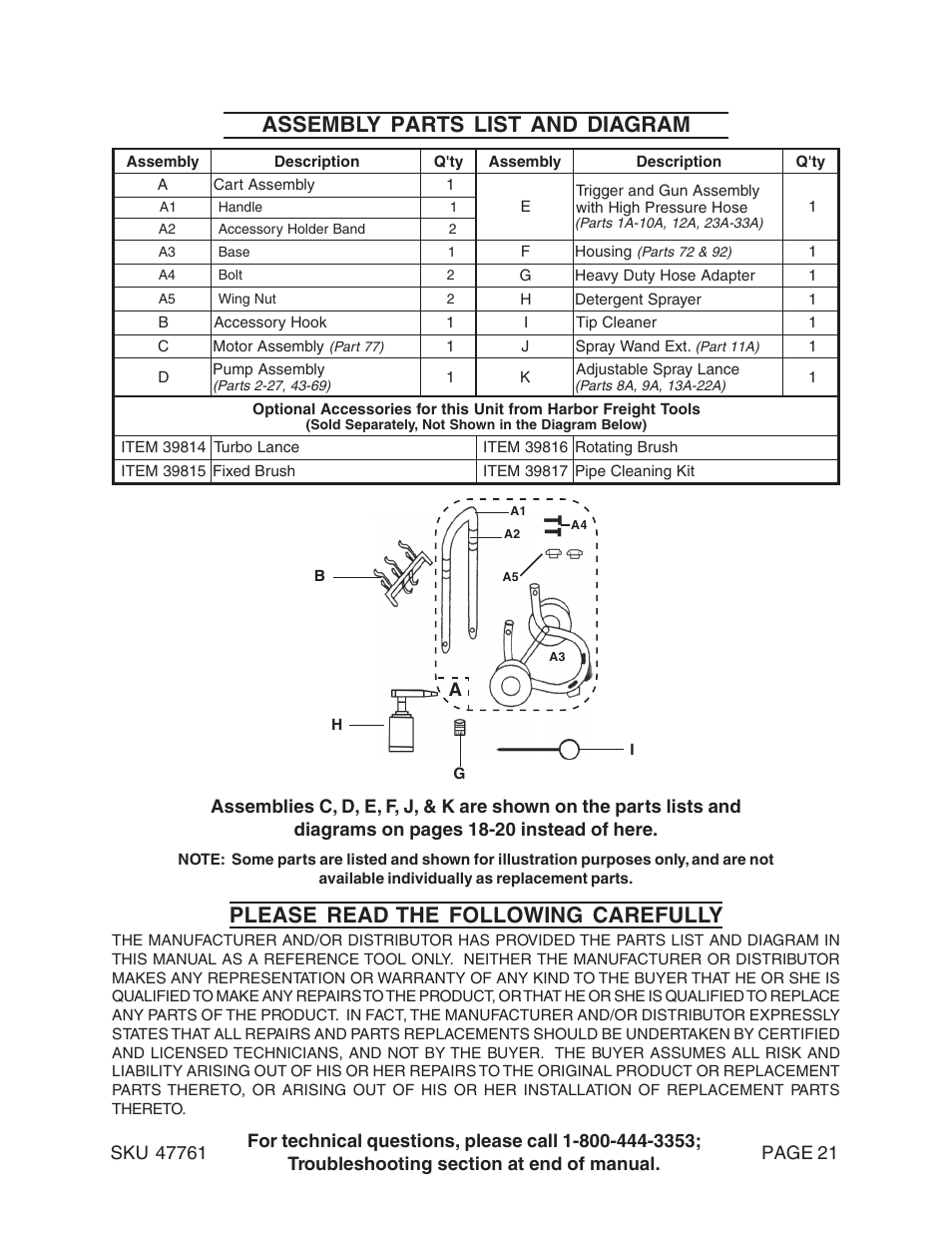 Assembly parts list and diagram | Harbor Freight Tools 47761 User Manual | Page 21 / 24