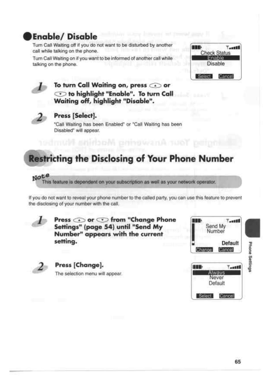 Restricting the disclosing of your phone number, Enable/ disable | Kenwood EM 618 User Manual | Page 5 / 27