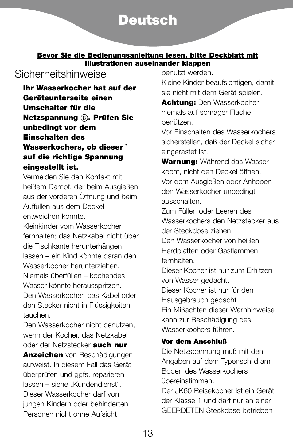 Deutsch, Sicherheitshinweise | Kenwood JK60 User Manual | Page 16 / 72