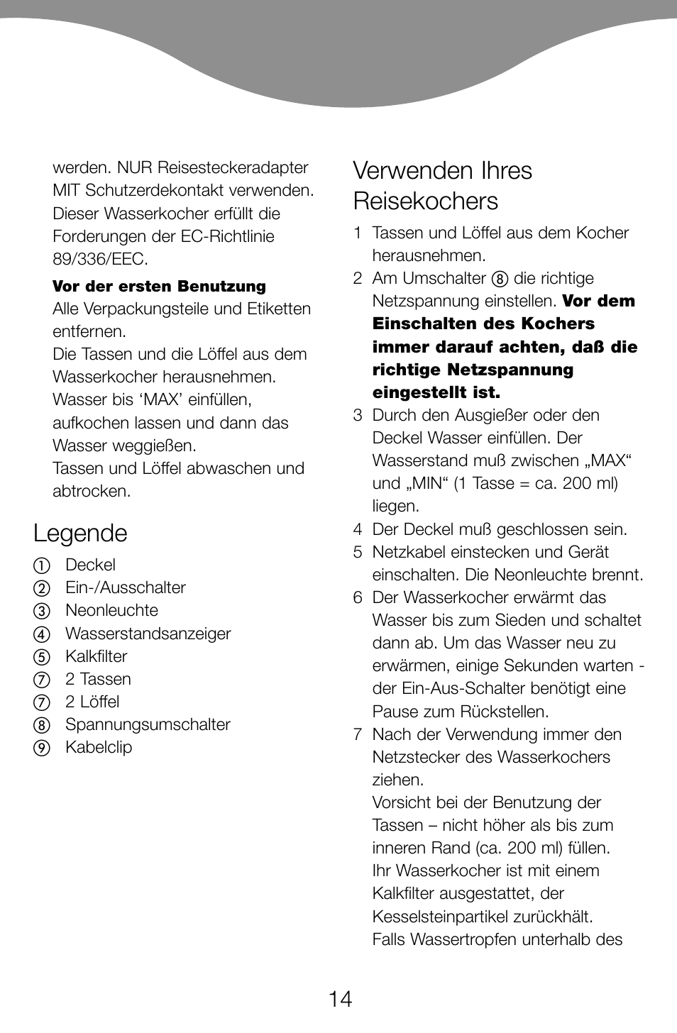Legende, Verwenden ihres reisekochers | Kenwood JK60 User Manual | Page 17 / 72