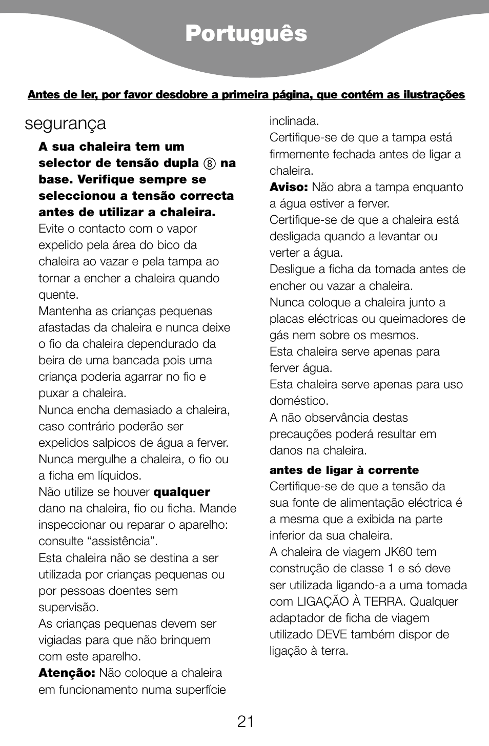 Português, Segurança | Kenwood JK60 User Manual | Page 24 / 72
