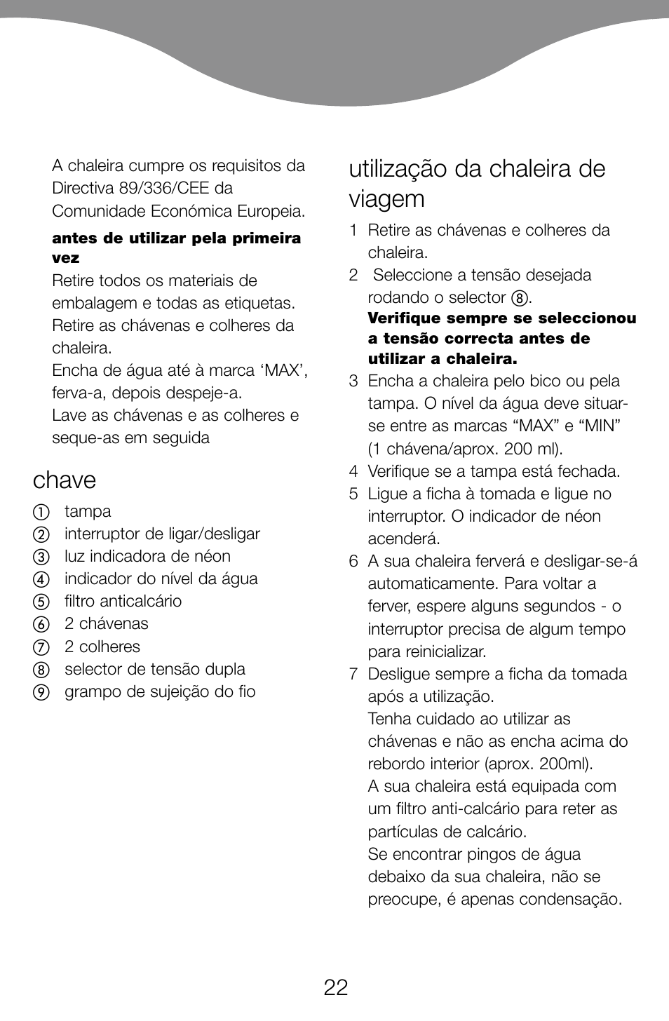 Chave, Utilização da chaleira de viagem | Kenwood JK60 User Manual | Page 25 / 72