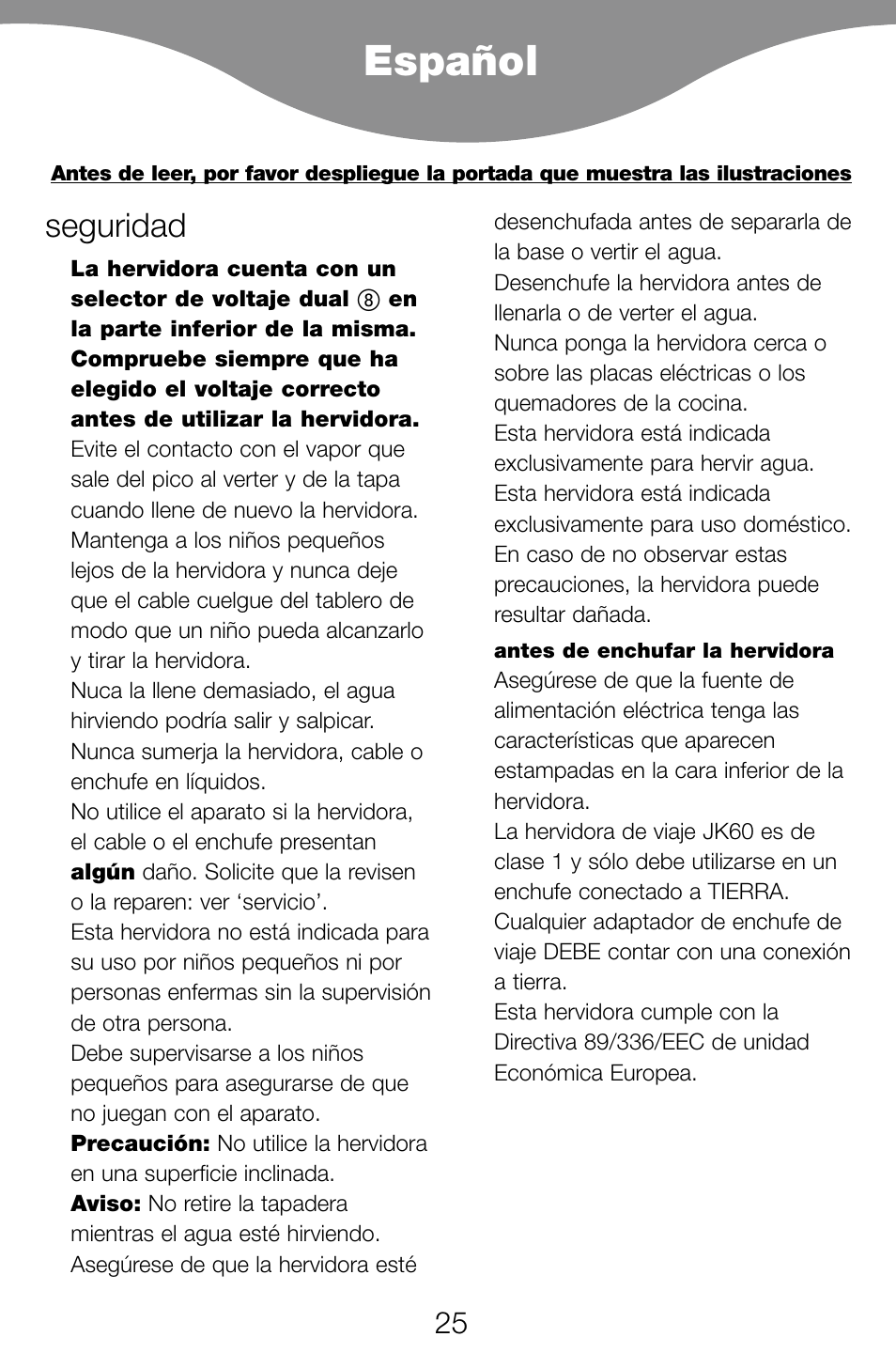 Español, Seguridad | Kenwood JK60 User Manual | Page 28 / 72