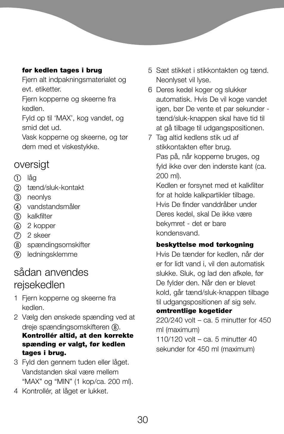 Oversigt, Sådan anvendes rejsekedlen | Kenwood JK60 User Manual | Page 33 / 72