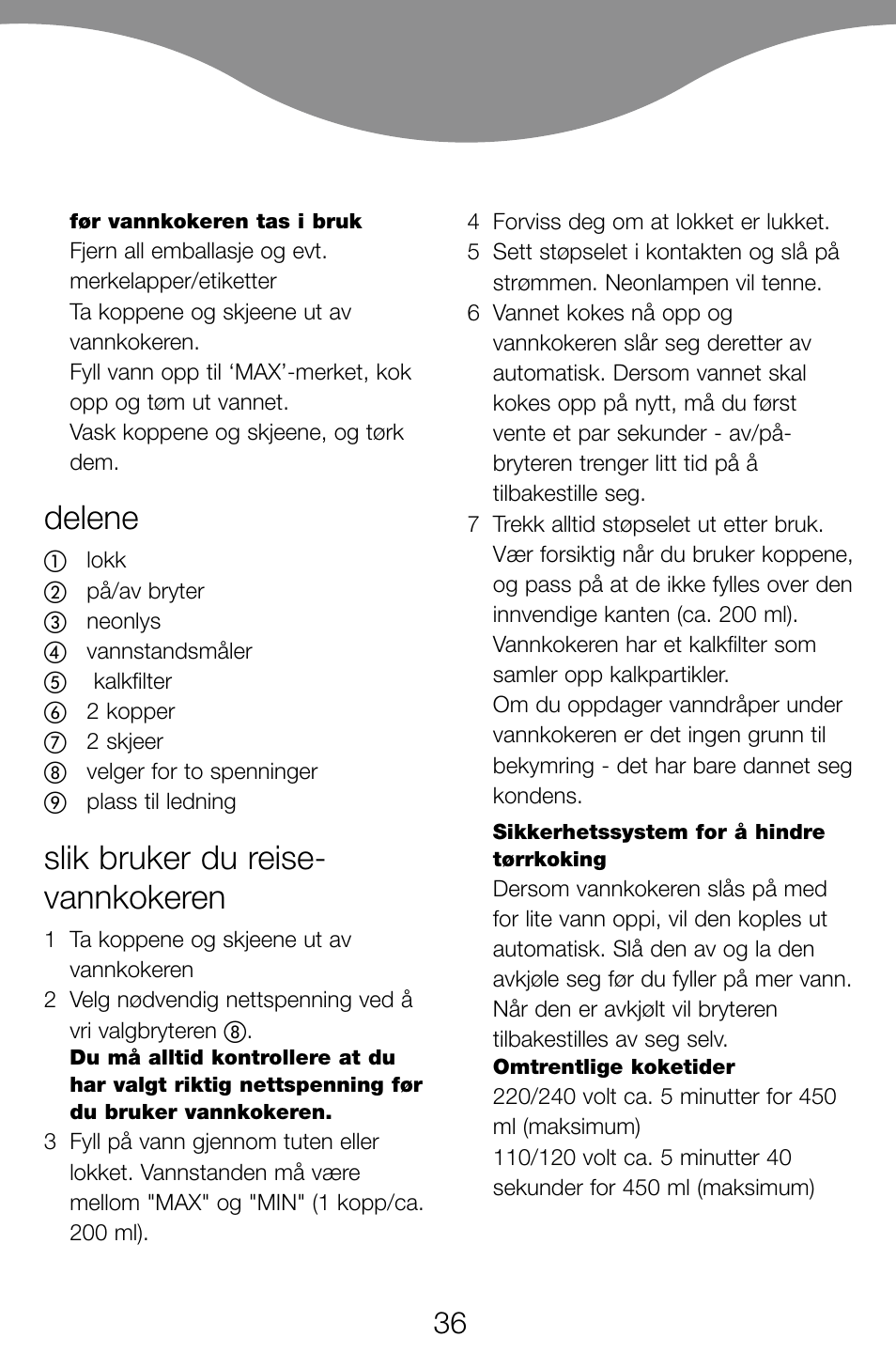 Delene, Slik bruker du reise- vannkokeren | Kenwood JK60 User Manual | Page 39 / 72