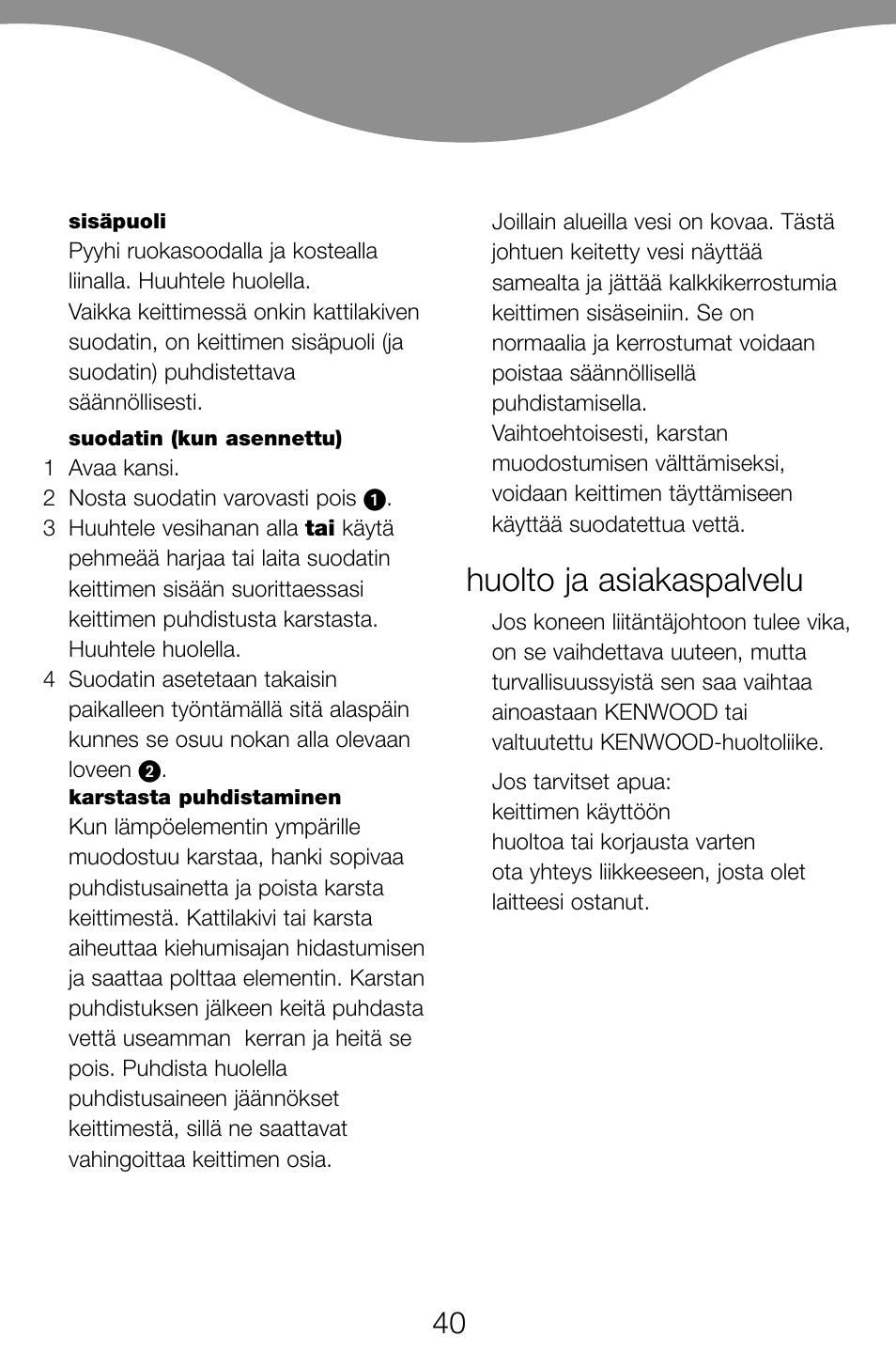 Huolto ja asiakaspalvelu | Kenwood JK60 User Manual | Page 43 / 72