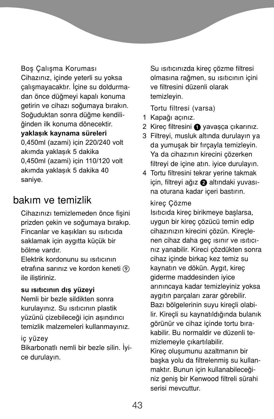 Bak›m ve temizlik | Kenwood JK60 User Manual | Page 46 / 72