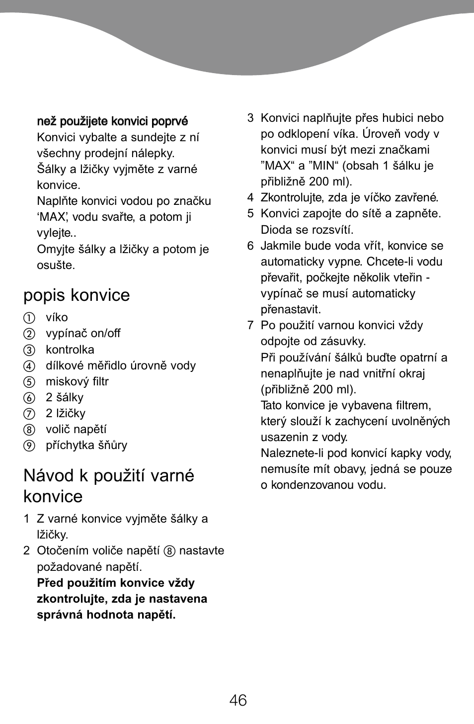 Popis konvice, Návod k pou¥ití varné konvice | Kenwood JK60 User Manual | Page 49 / 72