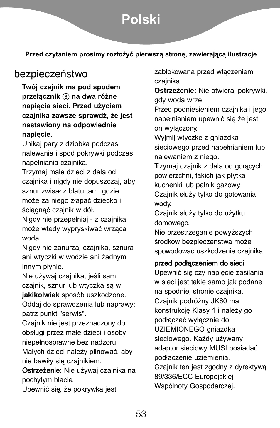 Polski, Bezpieczeństwo | Kenwood JK60 User Manual | Page 56 / 72