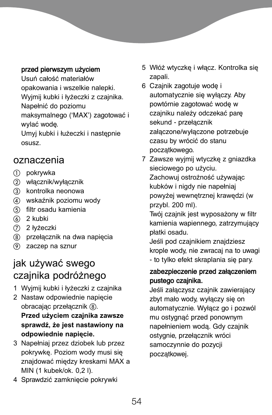 Oznaczenia, Jak u¯ywaç swego czajnika podró¯nego | Kenwood JK60 User Manual | Page 57 / 72