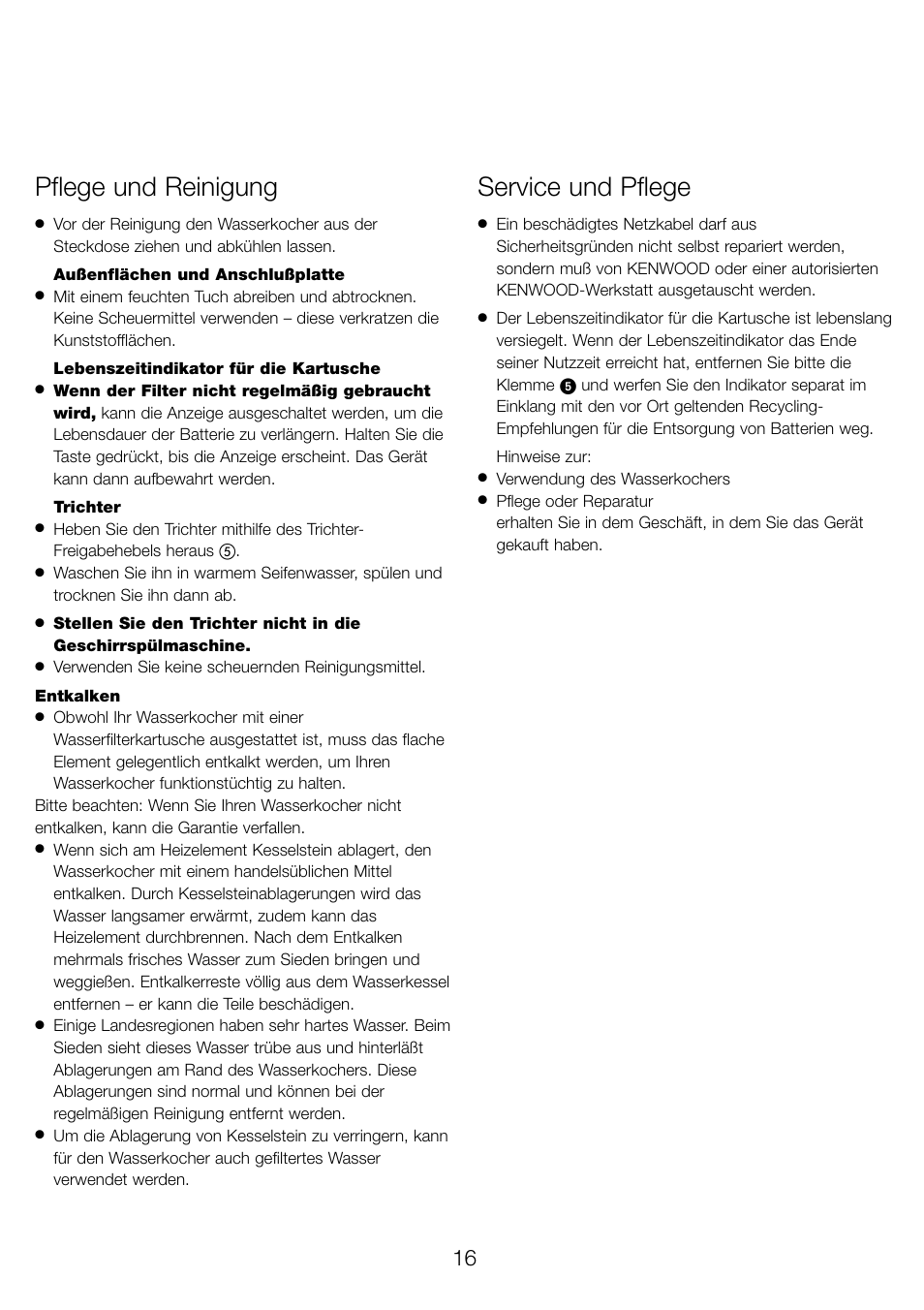 Pflege und reinigung, Service und pflege | Kenwood WK960 User Manual | Page 19 / 76