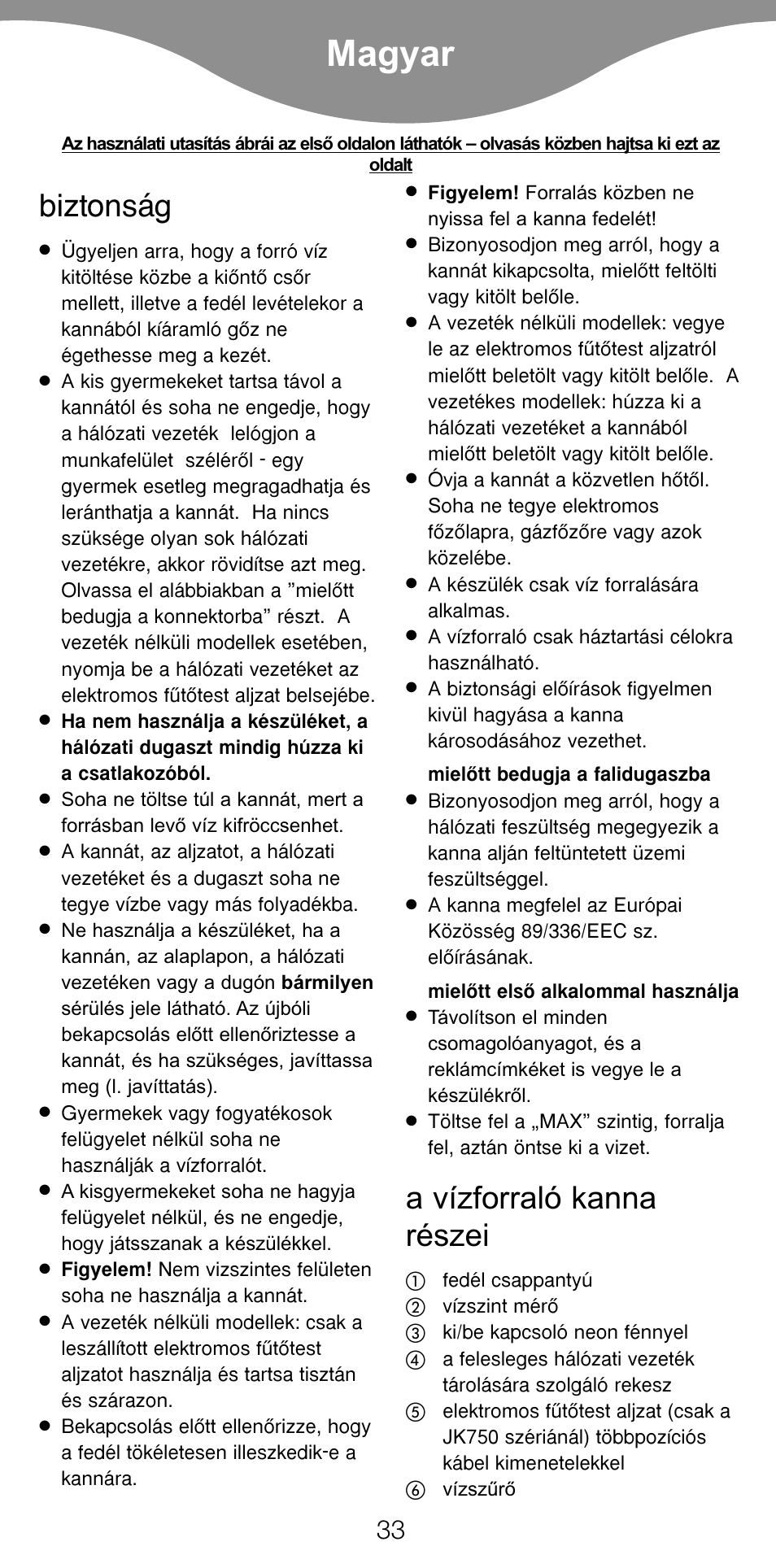 Magyar, Biztonság, A vízforraló kanna részei | Kenwood JK630 User Manual | Page 36 / 49