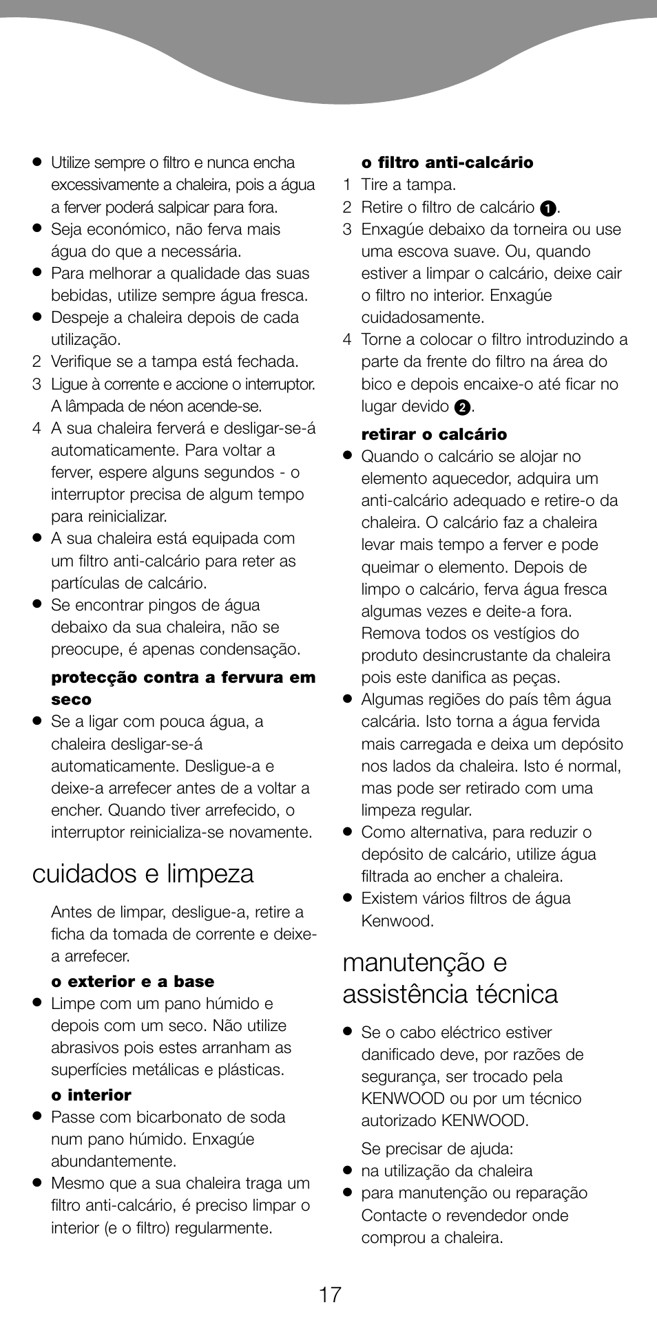 Cuidados e limpeza, Manutenção e assistência técnica | Kenwood SJ900 User Manual | Page 20 / 48