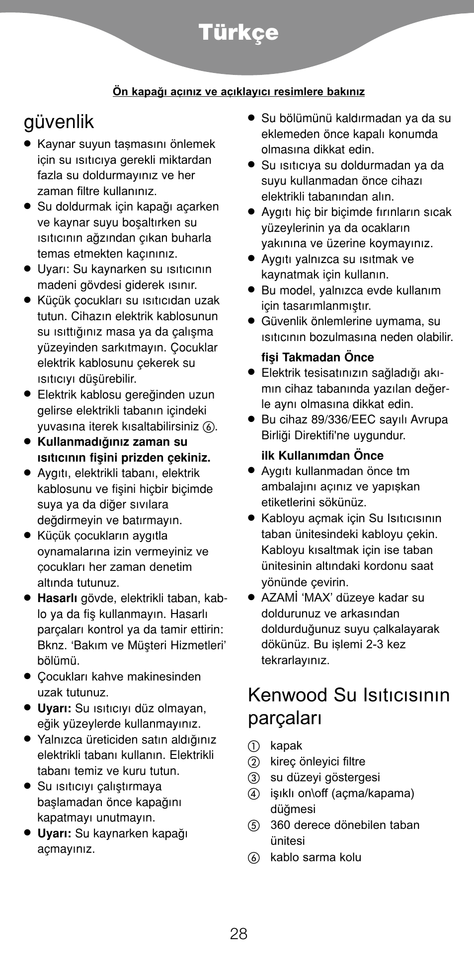 Türkçe, Güvenlik, Kenwood su isıtıcısının parçaları | Kenwood SJ900 User Manual | Page 31 / 48