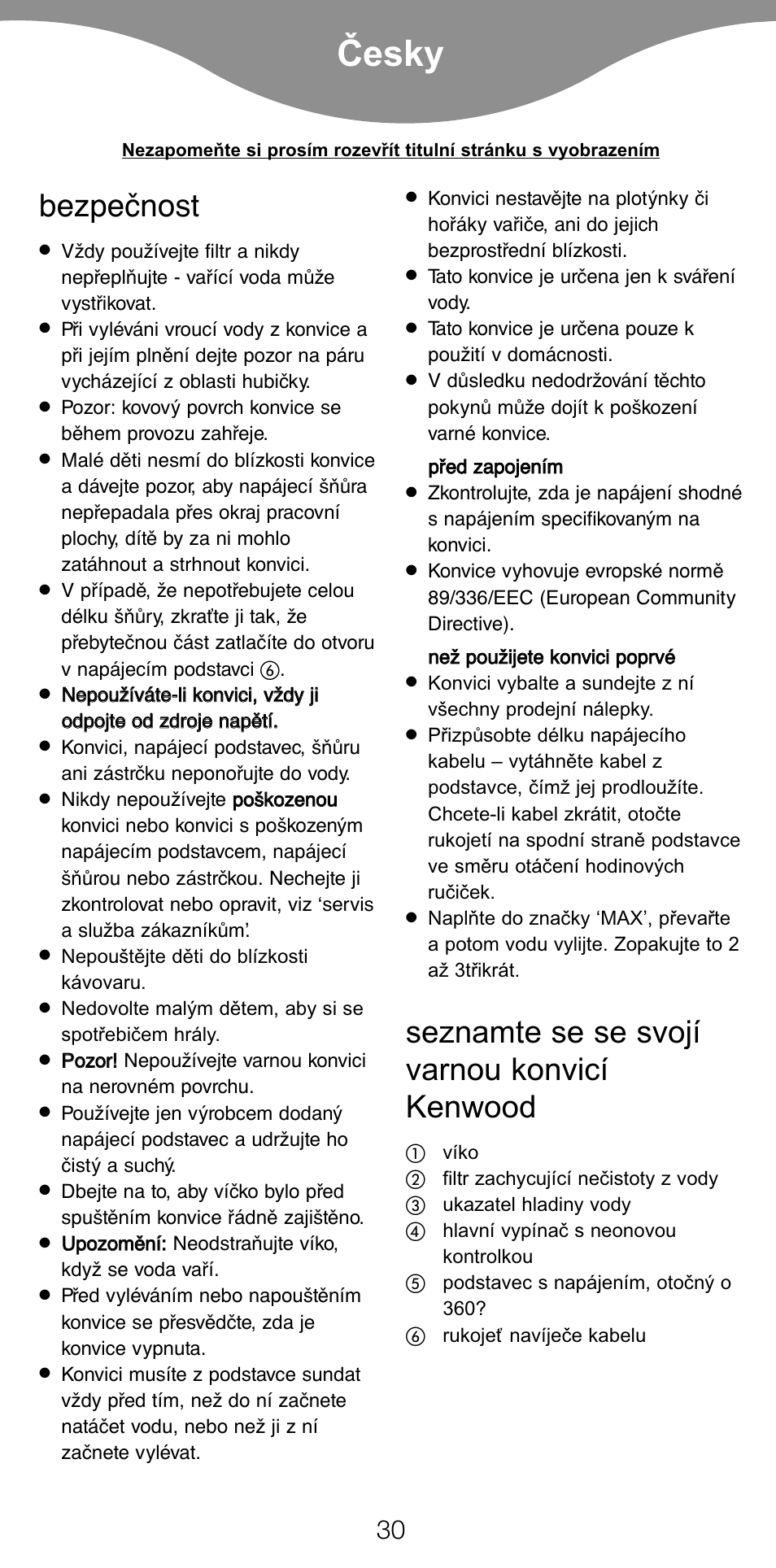 Ïesky, Bezpečnost, Seznamte se se svojí varnou konvicí kenwood | Kenwood SJ900 User Manual | Page 33 / 48