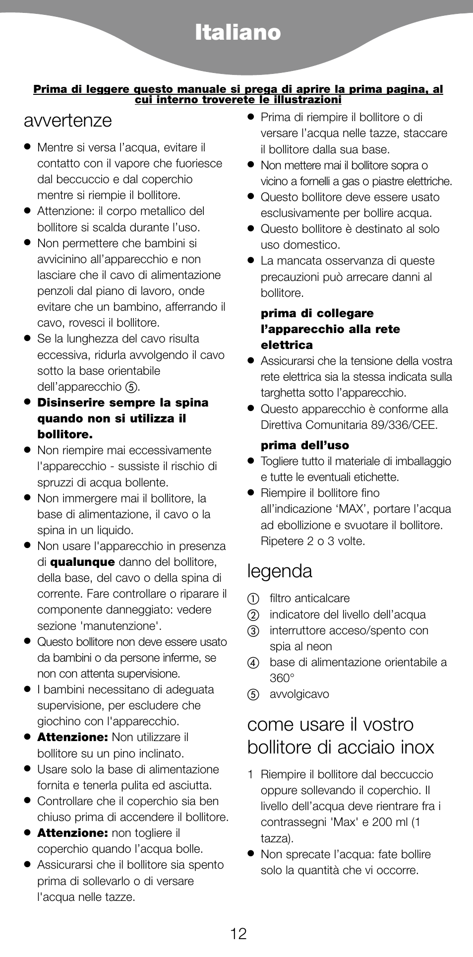 Italiano, Avvertenze, Legenda | Come usare il vostro bollitore di acciaio inox | Kenwood SK620 User Manual | Page 15 / 48