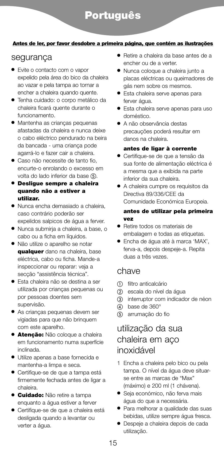 Português, Segurança, Chave | Utilização da sua chaleira em aço inoxidável | Kenwood SK620 User Manual | Page 18 / 48