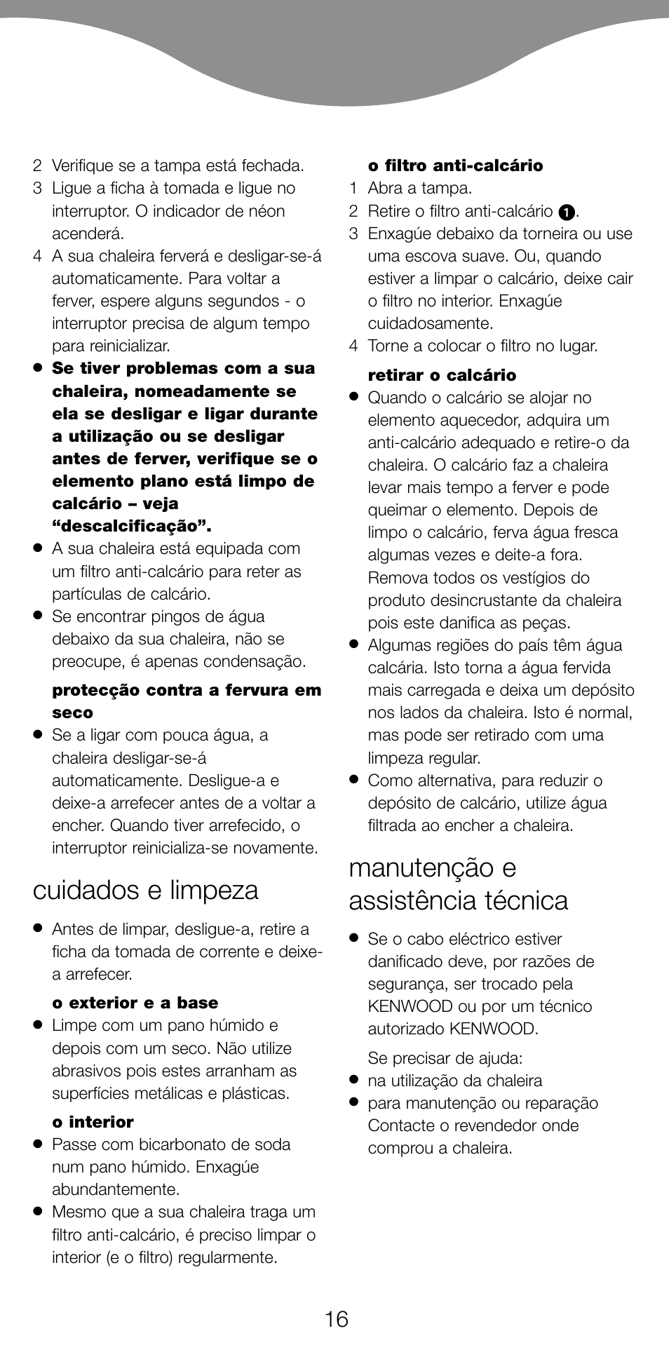 Cuidados e limpeza, Manutenção e assistência técnica | Kenwood SK620 User Manual | Page 19 / 48