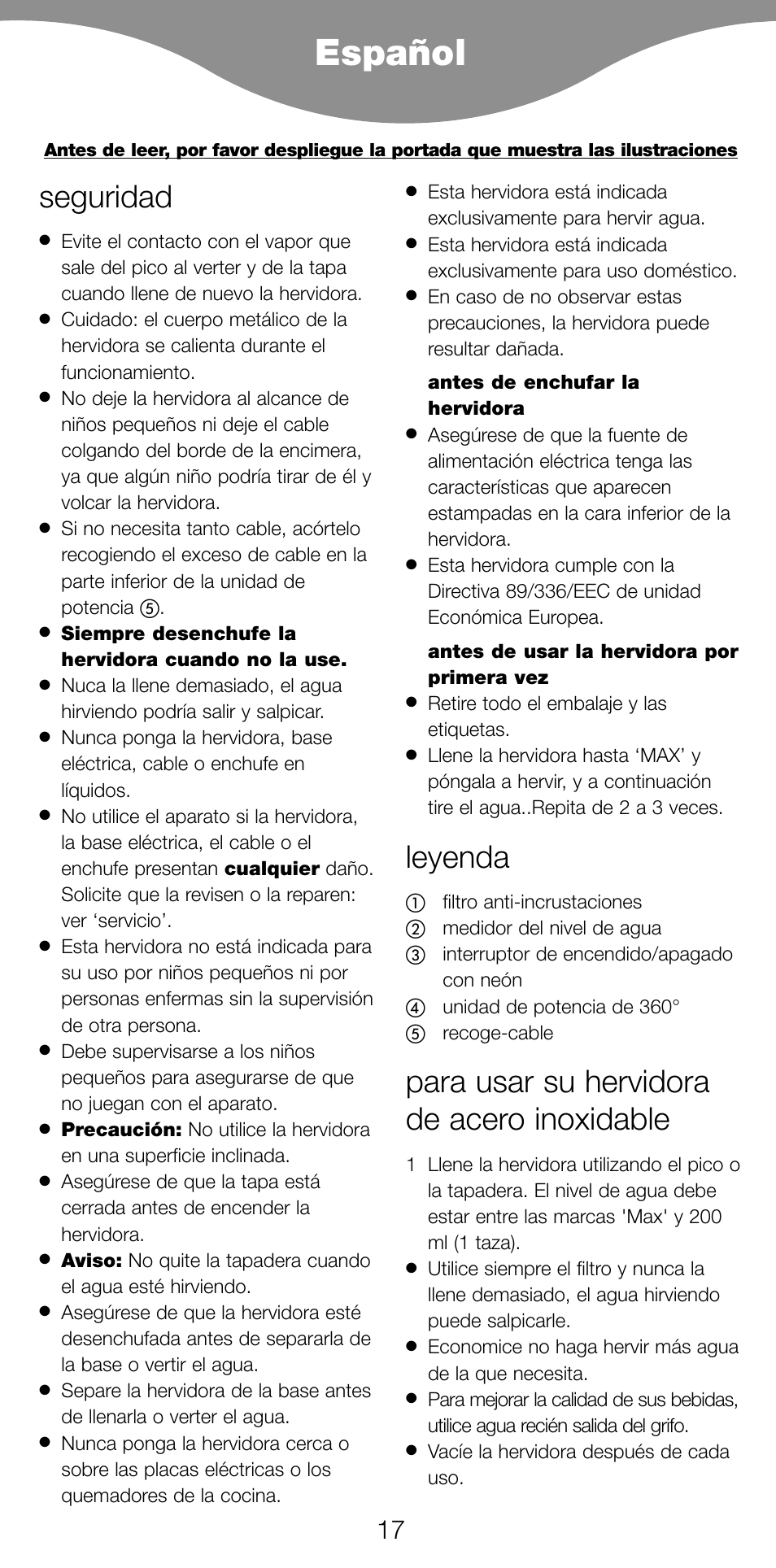 Español, Seguridad, Leyenda | Para usar su hervidora de acero inoxidable | Kenwood SK620 User Manual | Page 20 / 48