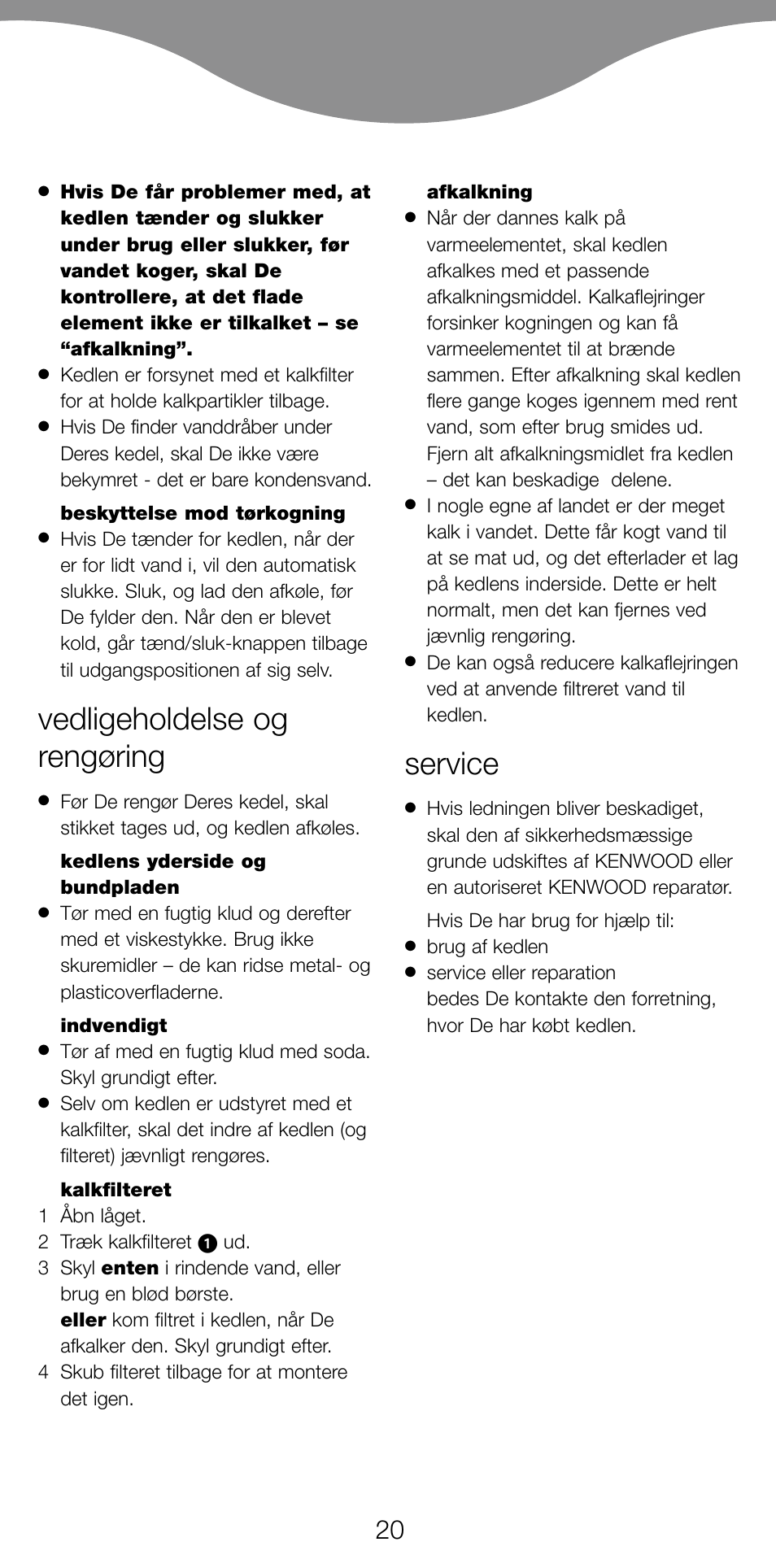Vedligeholdelse og rengøring, Service | Kenwood SK620 User Manual | Page 23 / 48