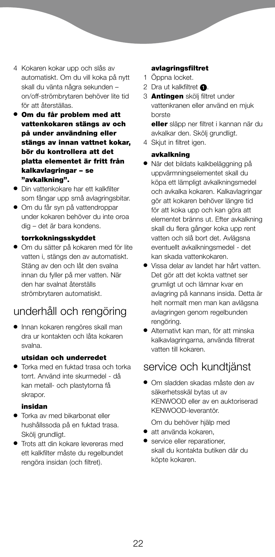 Underhåll och rengöring, Service och kundtjänst | Kenwood SK620 User Manual | Page 25 / 48