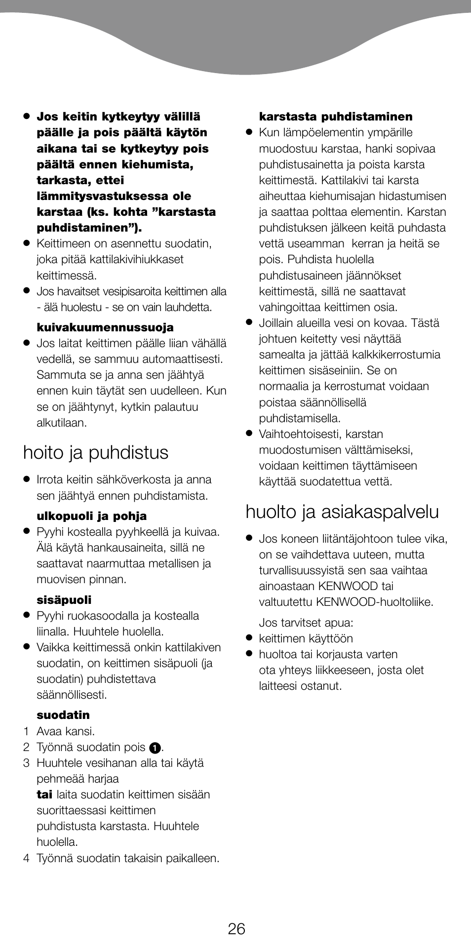 Hoito ja puhdistus, Huolto ja asiakaspalvelu | Kenwood SK620 User Manual | Page 29 / 48
