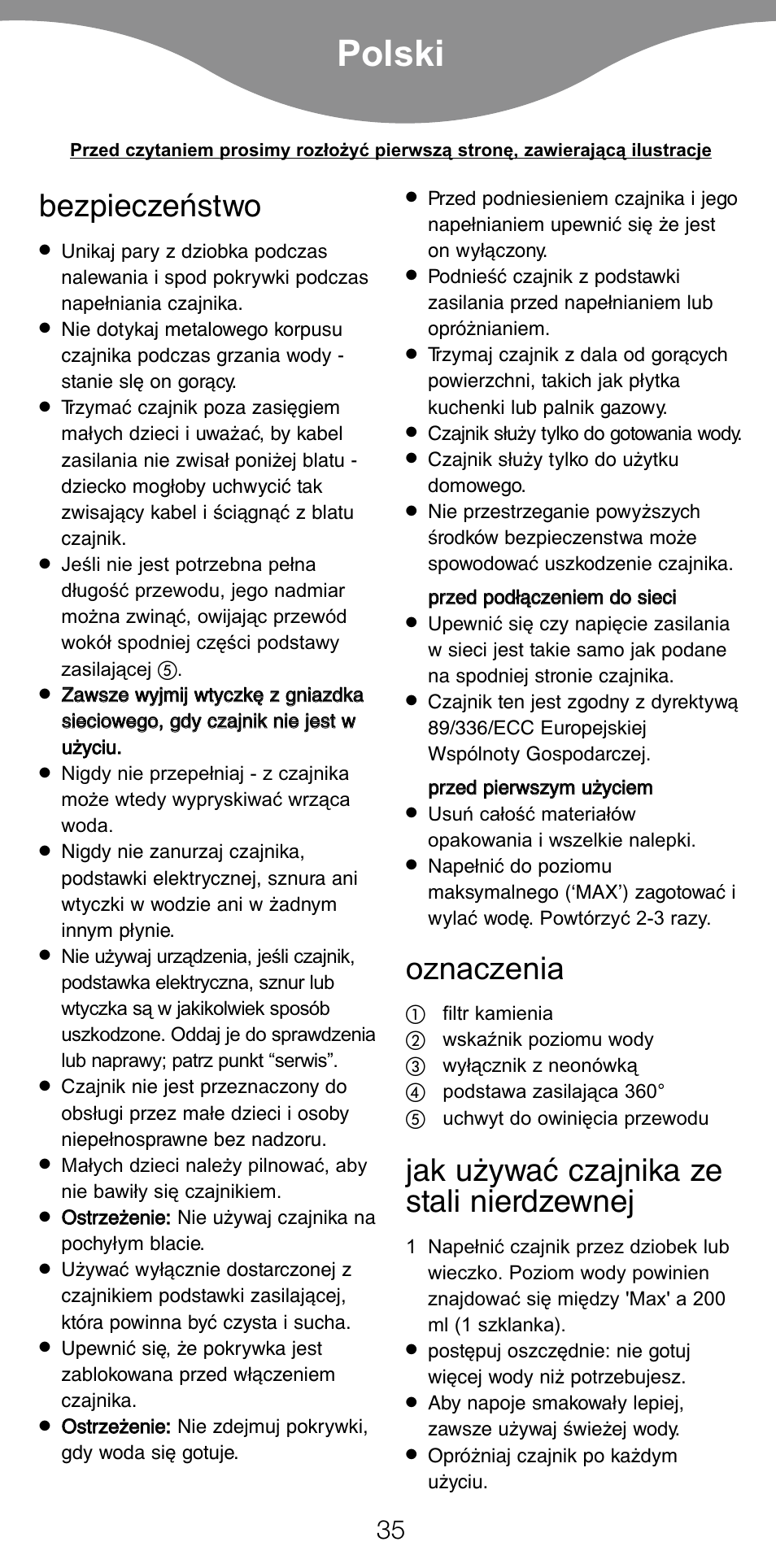 Polski, Bezpieczeństwo, Oznaczenia | Jak używać czajnika ze stali nierdzewnej | Kenwood SK620 User Manual | Page 38 / 48