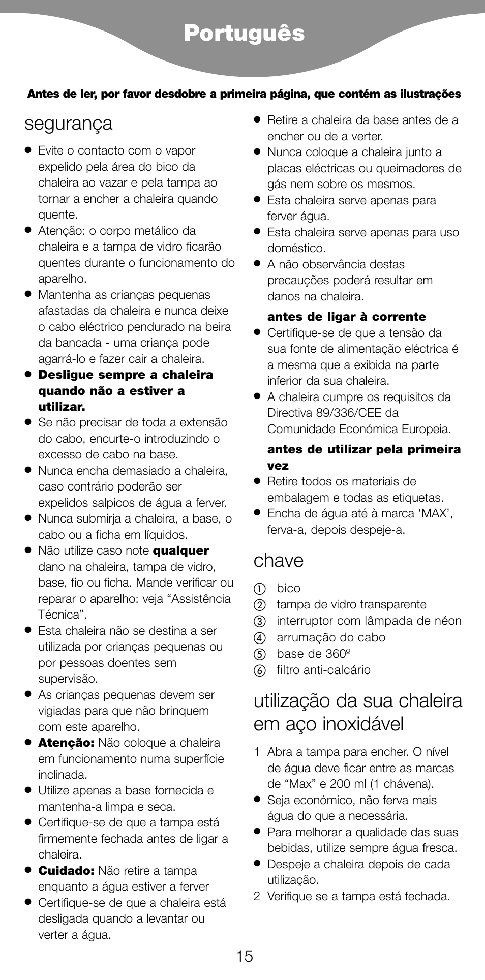 Português, Segurança, Chave | Utilização da sua chaleira em aço inoxidável | Kenwood SK887 User Manual | Page 18 / 48