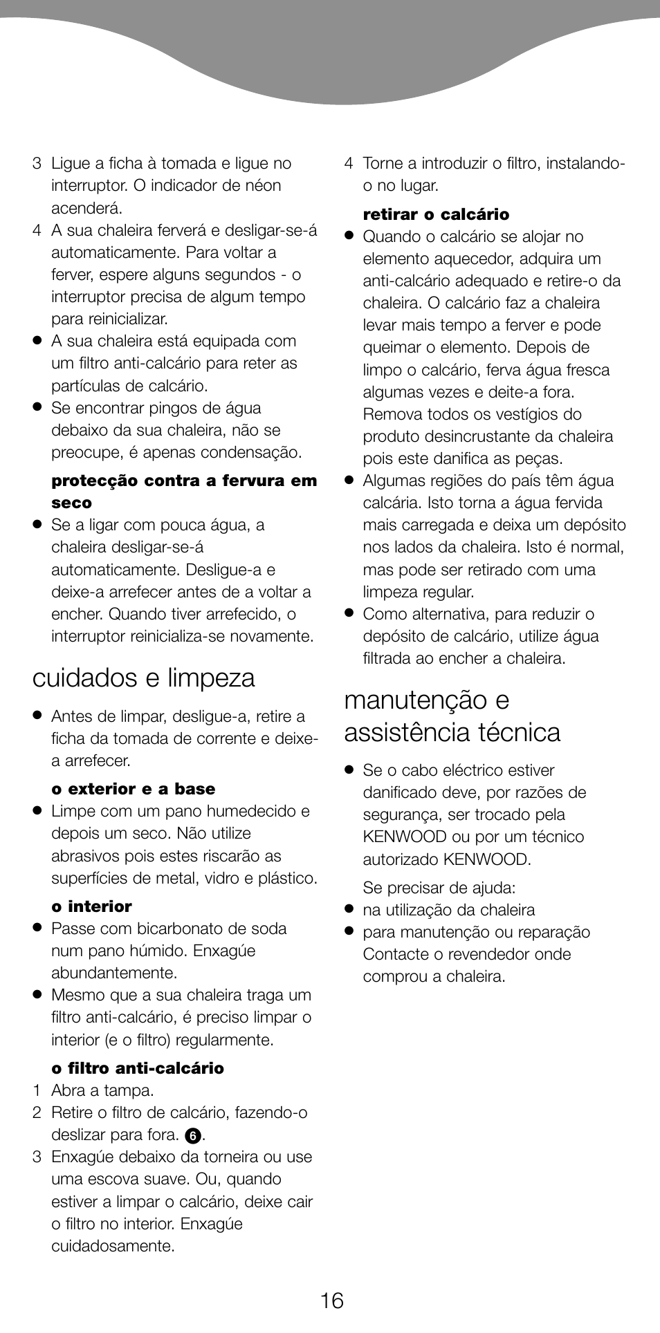Cuidados e limpeza, Manutenção e assistência técnica | Kenwood SK887 User Manual | Page 19 / 48